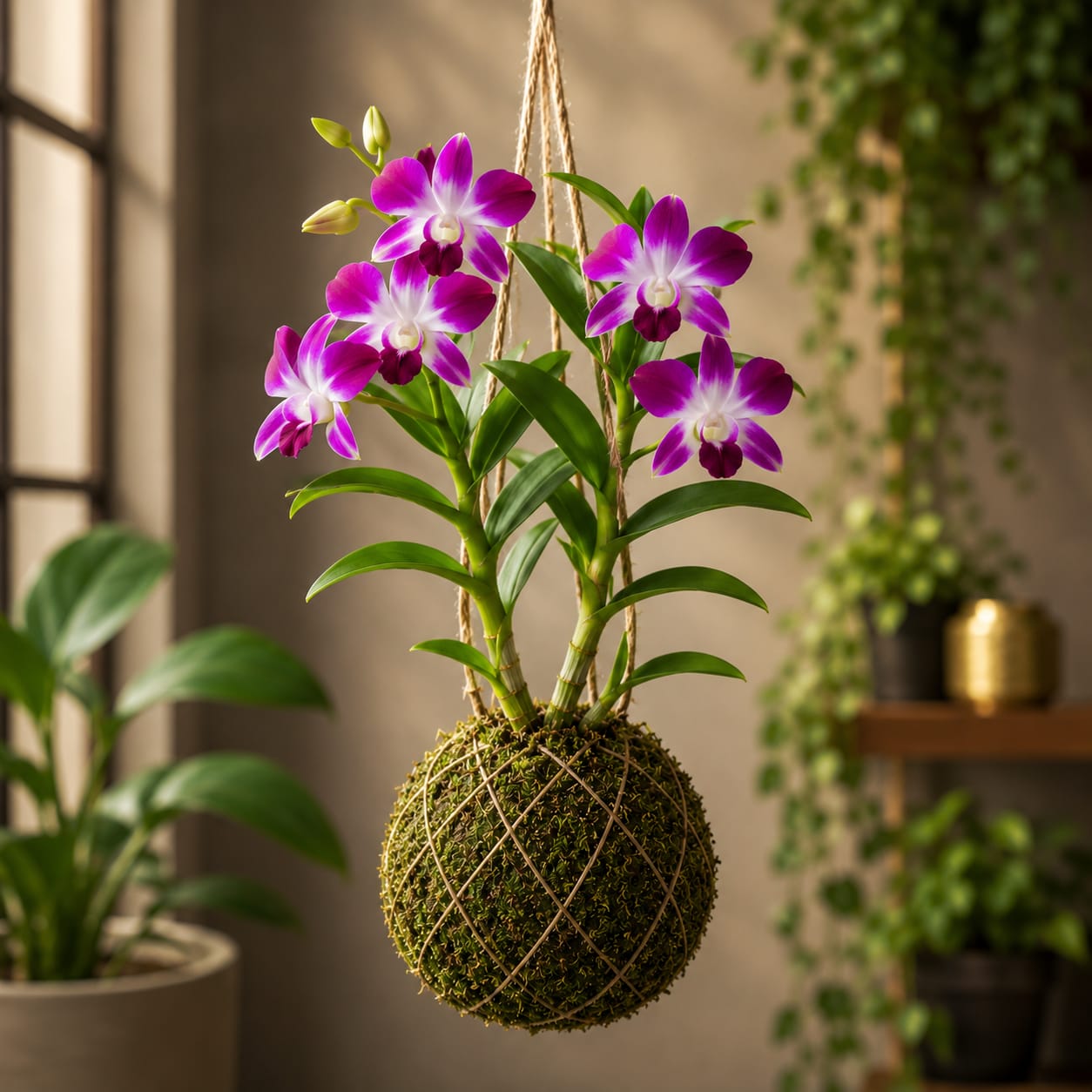 Premium Dendrobium Sonia Orchid Kokedama – Hanging Live Orchid Plant